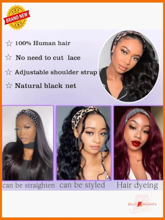 Body Wave Headband Wig 100% Human Hair Non Lace Front 180% Density main image 4